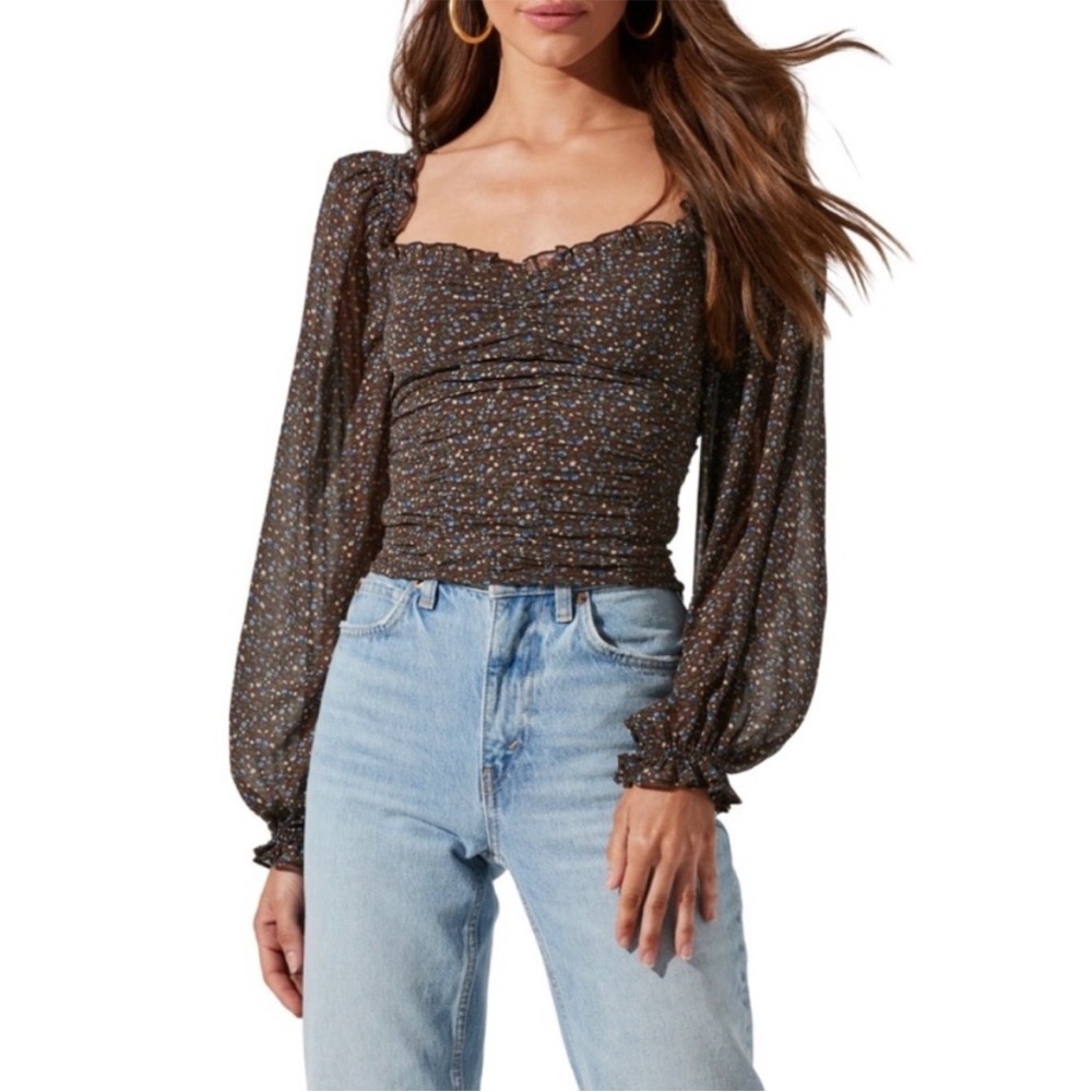 Astr the Label Ruched Brown Floral Blouse M